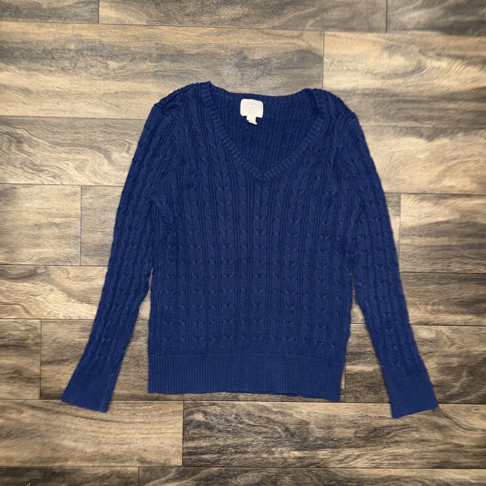 St. John's Bay V-Neck Cable-Knit Long-Sleeve Sweater Women's Large Navy Blue